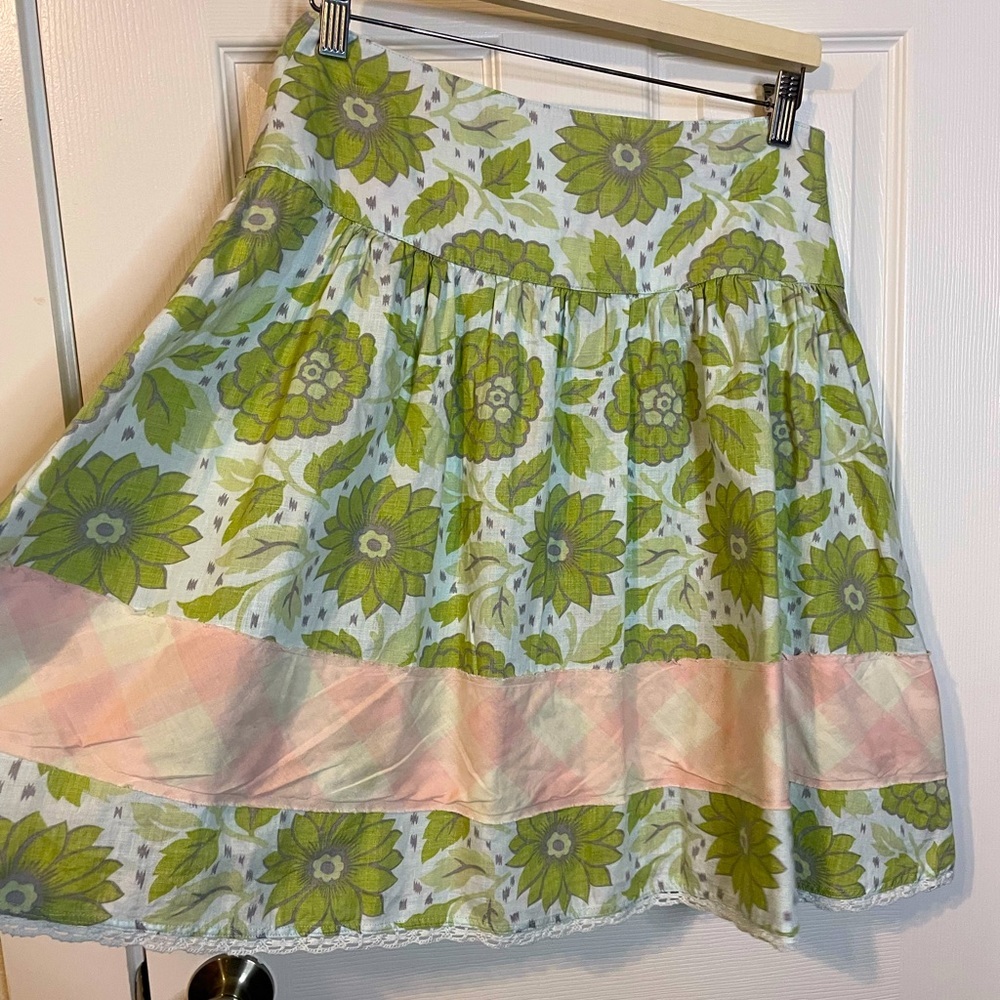Noa Noa linen skirt w/ green flowers & pink trim sz S